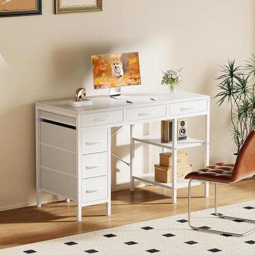 Sweetcrispy 47" Computer Desk with 6 Drawers, Home Office Gaming Desks with Storage Shelves for Bedroom, Writing Study Corner Living Room Work Table White - Image 3