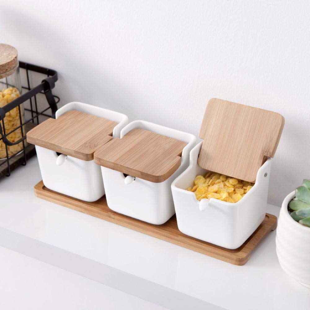 Lot de 4 pots à épices en céramique avec cuillère, boîte et couvercle en porcelaine – Récipient de rangement pots à condiments en céramique, 3 noirs (demi-cercle) vision