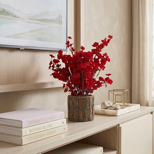 Image of Dekorly Artificial Red Baby's Breath Flower with Real Wooden Vase (28CM Overall Height) | Decorative Lifelike Faux Floral Plant in Rustic Tree Log Pot for Living Room(Red Baby's Breadth)