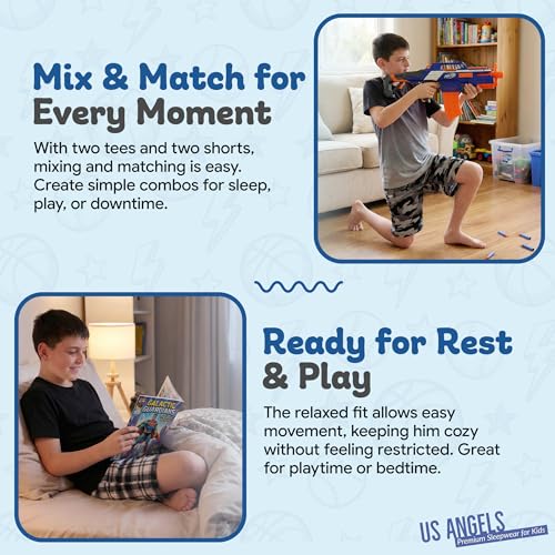 Image of US Angels Pajamas Set for Boys, 4-Piece Set, Short Sleeve Shirt with Pajama Shorts