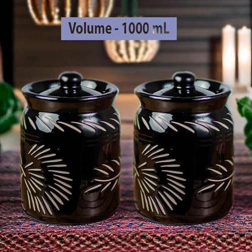 Image of Ceramic Pickle Jar Floral Cutting(Set of 2) | Black Achaar Container | Kitchen Storage Containers for Pickles & Spices | Ceramic Jars for Kitchen Storage | 1 kg Achaar Martban | Salt Container