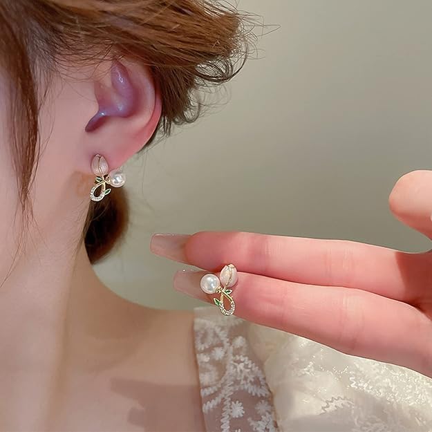Image of GOLDMOON Elegant Tulip Pearl Stud Earrings for Women & Girls | Minimalist Flower Design | Alloy Fashion Jewellery | Lightweight Daily Wear | Gift for Party, Office & Casual Wear