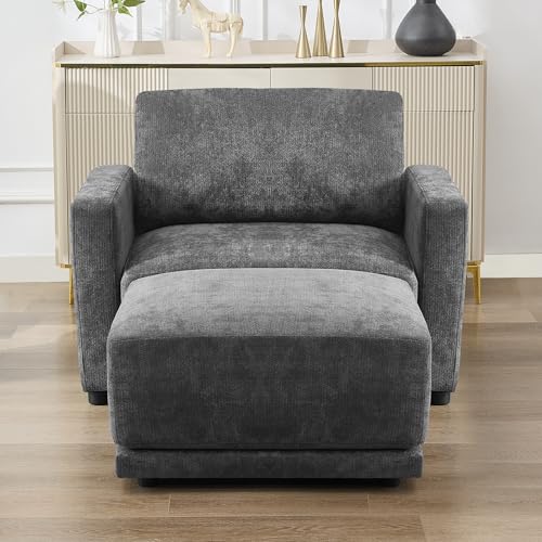 Image of 44.2 inch Chenille Oversized Chair with Movable Ottoman, Modular 1 Seat Couch with Thickened Cushions, Modern Single Sofa Chaise Lounge Reading Chair for Living Room, Small Apartment, Grey
