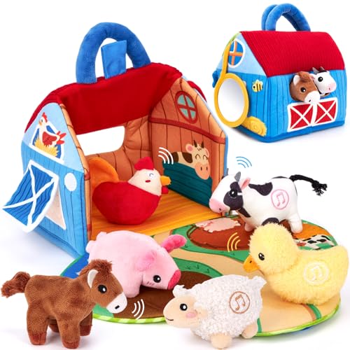 hahaland Bauernhof Baby Spielzeug 6 Monate mit 2-in-1 Scheunen & Spielmatten 6 Sensorik Plüschtiere mit Tiergeräuschen & Spricht Englische Tiernamen Montessori Spielzeug Baby Geschenk ab 6-12 Monate
