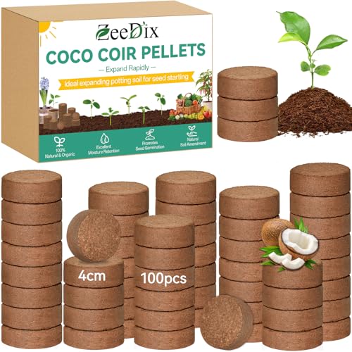 Image of ZeeDix 100 Pcs (40mm) Compressed Coco Coir Fiber Potting Soil Seed Starters - Organic Coco Coir Pellet Fiber Soil for Planting Bonsai, Herbs, Plants, Flowers and Vegetables