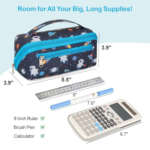Image of Large Pencil Case for Boys, Durable Pencil Pouch for School, Wide Opening Soft Bag with Handle, Fits 50 Pens & Markers (Dark Blue Space Astronaut)