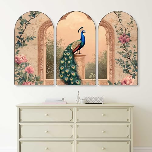 Image of Livin'luxe Peacock Wall Art | Set of 3 MDF Panel Paintings | Vintage Floral Theme Decorative Wall Hanging for Living Room, Bedroom, Office & Home Interiors