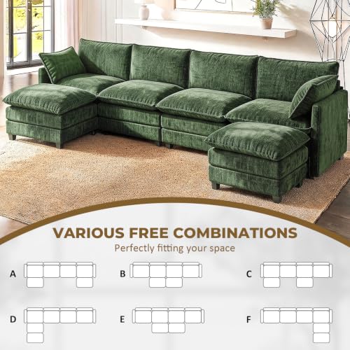 Image of LEVELEVE 146 inch U-Shape Modular Sofa with 2 Ottomans, Deep Seat Cloud Convertible Sleeper, 2 Arm Pillows, Comfortable Large Upholstered Furniture for Living Room Apartment, Green