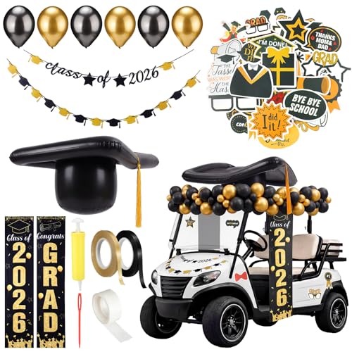 Hollowfly 38 Pcs Graduation Parade Golf Cart Decor Kit Class Of 2026 Congrats Grad Decor Accessories With Inflatable Graduation Hat Banners Black Gold Balloon Stickers Ribbon For Grad Party Supplies