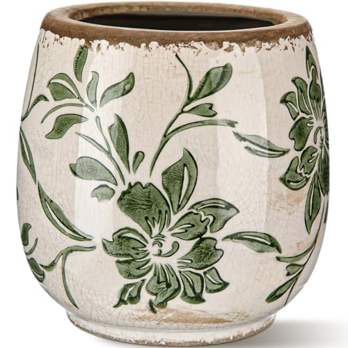 SiliFine Vintage Ceramic Flower Pot with Ice Crackle Rustic Planter with Drainage Holes for Indoor and Outdoor Decor Home Living Room Garden Decor Gardening Gift(Rustic Style)