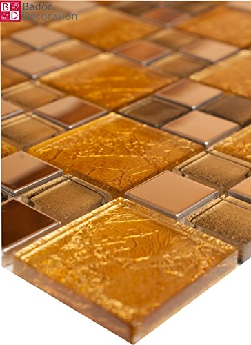 Lot de 11 dalles de mosaïque en verre et acier inoxydable Doré/argenté 1 m² 30 x 30 cm