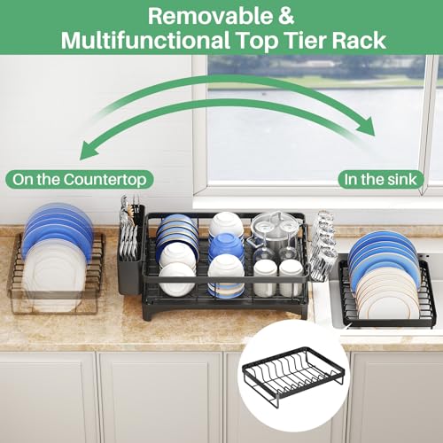 Image of SAYZH Detachable 2 Tier Dish Drainer and Drainboard Set, Large Capacity Organizer Shelf With Utensil Holder, Cup Rack for Kitchen Counter, Black