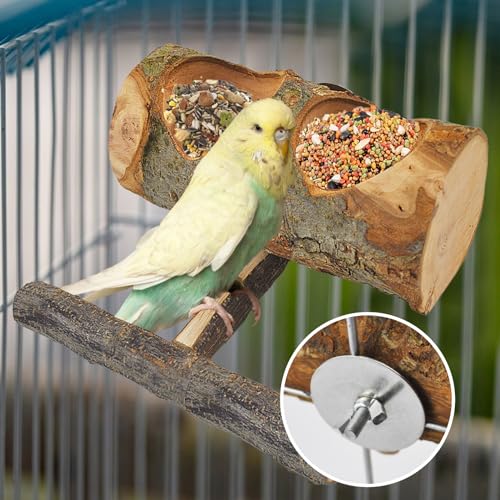 Image of Wooden Bird Feeding Dish Cups Perch Stand Hanging Feeder Solid Wood Parrot Feeding Bowl for Parakeets Conures Cockatiels Budgie Parrot