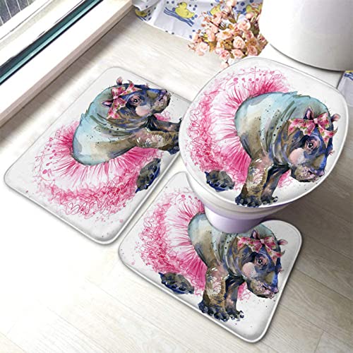 Badezimmerteppich-Set, 3-teilig, süßes Baby-Nilpferd, waschbare Badeteppiche, rutschfest, mit Stützpolster, Konturteppich und Toilettendeckelbezug