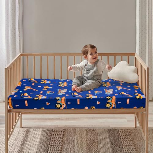 Image of UOMNY Crib Sheet 52x28 Baby Sheet for Boys Breathable Fitted Crib Sheet for Standard Crib and Toddler Mattress Toddler Sheet Engineering Vehicle Blue