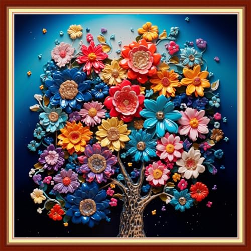 Image of Funxvoot Stamped Cross Stitch Kits Beginners Full Range of Embroidery Kits for Adults 11CT Embroidery Patterns Needlepoint Kits Printed Cross Stitch Kits -（Colorful Flower Trees 18x18 inchs）