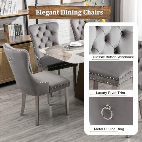 Image of 7-Piece Round Dining Table Set for 6, Modern Faux Marble Kitchen Table and Grey Velvet Chairs Set of 6, Luxury 45 inch Circle White Silver Dining Room Tables with Stainless Steel Base