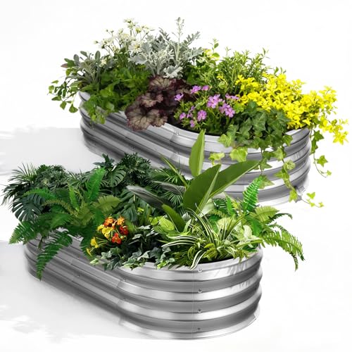 Image of NEWBULIG Galvanized Raised Garden Bed Outdoor, 4x2x1ft 2 Pack Metal Planter Box for Vegetables Flowers Herbs, Heavy-Duty Oval Raised Flower Bed for Gardening, Open Bottom, Easy Assembly, Safe Edges