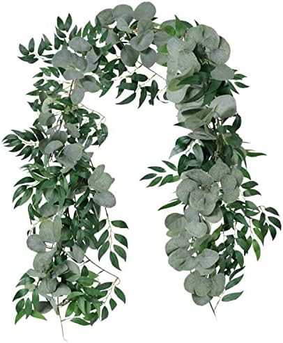 Cekene 2 Pcs 6.5 Ft Artificial Eucalyptus Garland with Willow Leaves Fake Hanging Greenery Vines Table Runner Garland for Wedding Backdrop Arch Wall Decor (2pcs, eucalyptus blend willow)