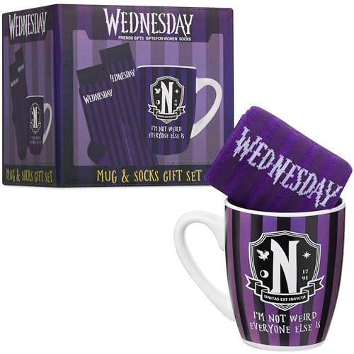 Image of Get Trend Wednesday 11oz Mug and Socks Set, Crew Socks Ceramic Coffee Mug Microwave Safe, Novelty Gifts for Women, Wife, Girlfriend (Purple /Black Wednesday)