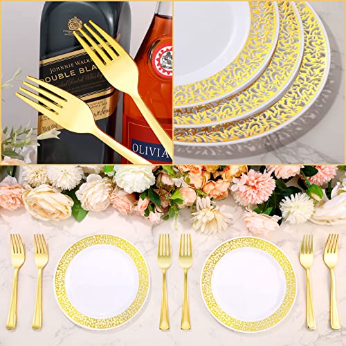 Gandeer 150 Pieces Disposable Cake Plate 7.5'' 150 Disposable Forks Lace Design Appetizer Plastic Dessert Plates Forks Fancy Plastic Tableware Bulk Wedding Reception Parties Holidays(Gold) #TOP3