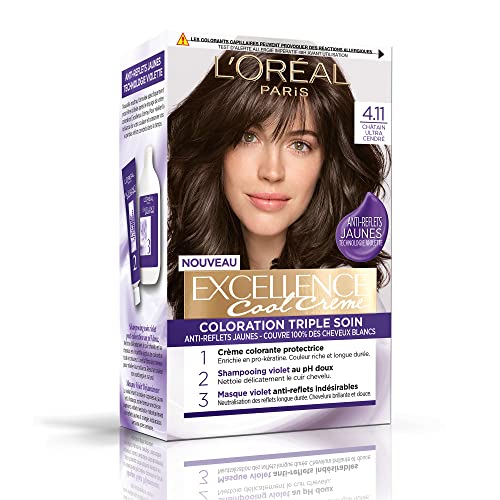 L'ORÉAL PARIS - Tinte permanente de triple cuidado, antideslumbrante, amarillo, cubre 100% canas – Excellence Cool Cream – Nuance: Ultra Ceniza (4.11)