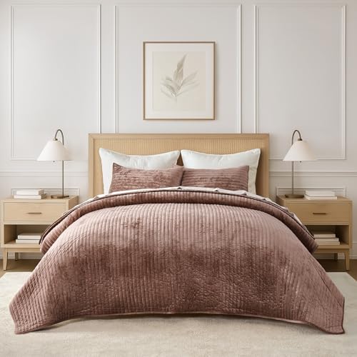 EVERGRACE Velvet Quilt Set Full Queen Size, Luxurious Soft Striped
