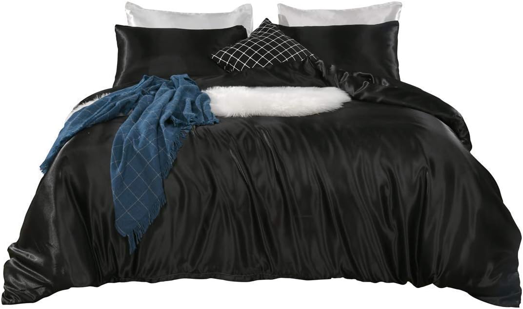 Satin Silk Luxurious Ultra Soft Satin 4 Piece Duvet Set (Duvet Cover + Fitted Sheet 18 Inches Deep Pocket + 2 Pillow Cases) Hotel Quality Premium Durable Satin Zipper Closure Black, Oversized King