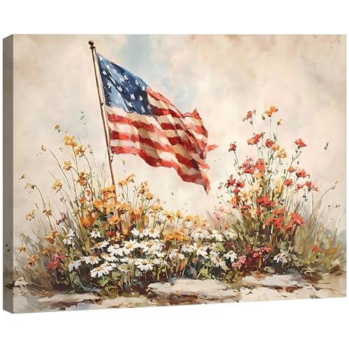 Image of 4th of July Framed Canvas Wall Art 12x18in, Vintage Patriotic Prints Pictures, Farmhouse Decor Artwork for Living Room Bedroom Office Bathroom, Made in USA