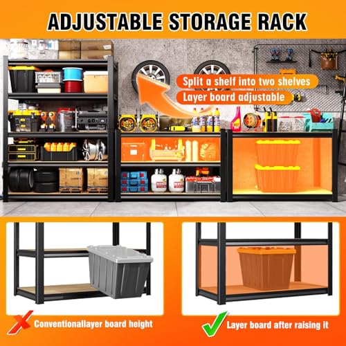 71.2''H Storage Shelves, 2500lbs Garage Shelving,Adjustable Heavy Duty Shelving Unit,5T Tall Garage Shelves,Wood Metal Standing Shelf Units,Utility Rack for Kitchen 71.2''H*31.5''W*13.8''D - Image 5