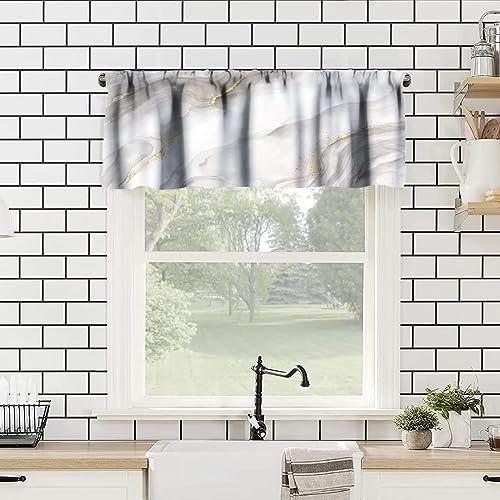 Image of White Grey Marble Window Valance Curtain, Abstract Modern Luxury Ink Texture Gold Veins Window Valances Treatments for Kitchen Living Room Cafe Decor 54'x18', 1 Panel