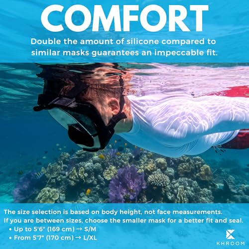Khroom Pro Plus First Full Face Snorkel Mask for Adults with Nose Pocket for Pressure Equalizing | Snorkeling Gear/Snorkeling Mask for Adults | CO2-Safe Diving Mask with Dry Top System (L/XL, Black)