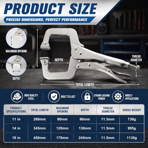 Image of Minatee 3 Pcs C Clamp Set, Pliers with Swivel Pads, 11 Inch, 14 and 18 Inch, Metal Tools Welding Clamps for Home Farm