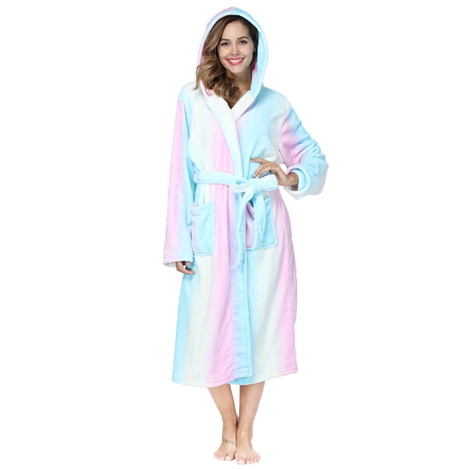 RONGTAI Women's Plus Size Fleece Robe Soft Thermal Bathrobe with Pockets and Belt,Solid Color Hooded Collar Robe