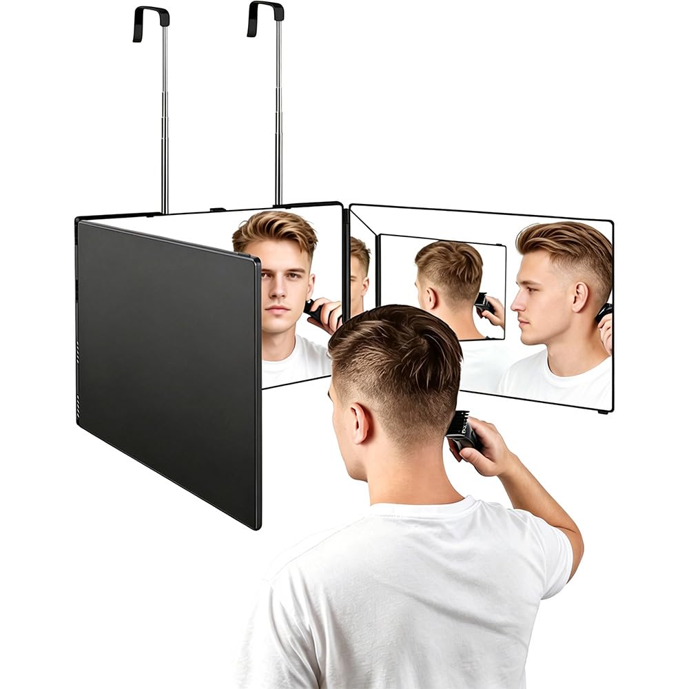 3-Way Mirror, 360° Adjustable Self-Haircutting Mirror – Portable, Foldable, with Adjustable Telescopic Hooks; Suitable for Styling, Haircuts, Coloring, Makeup, and Shaving – Black (with LED Lights)