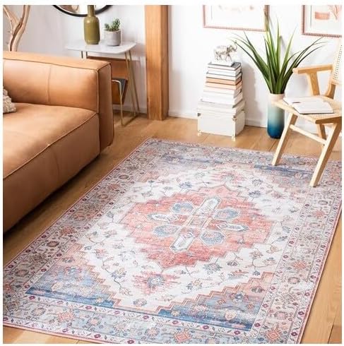 SAFAVIEH Washable Rug Tucson Collection - 2'6" x 4', Beige & Blue, Slip Resistant & Easy to Clean, Ideal for Living Room, Bedroom, Dining Space (TSN109B)