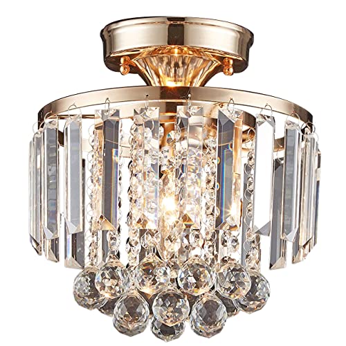 Mondaufie Mini Gold Crystal Chandelier,Semi Flush Mount Crystal Ceiling Light Fixture,French Gold Crystal Closet Mini Ceiling Light Fixture For Hallway Entryway Living Room Bedroom, H10.23 Xd9.05 #TOP21