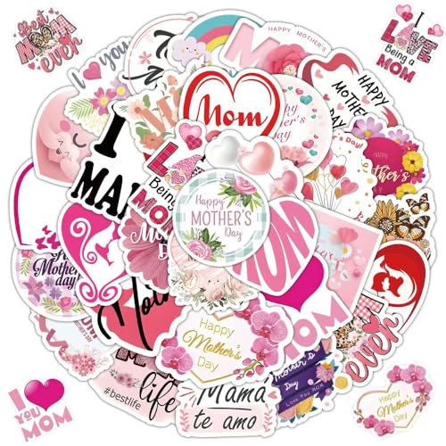 Mother's Day Stickers, 50 Pcs Happy Mothers Day Stickers Decals Decorations Bulk Love Mom Stickers Gifts Set for Laptop Water Bottles Scrapbook Car Skateboard Bike Luggage