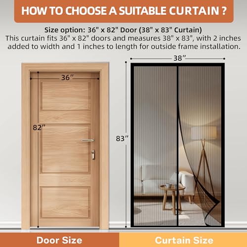 Image of METAONLY Magnetic Screen Door Mesh, Works for Patio, Sliding Door, Keeps Bug Mosquito Out, Fresh Air Flow, Fits 36 inch x 82 inch Door - Curtain Size 38 inch x 83 inch, Black