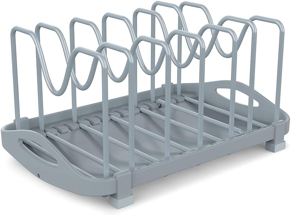 EVERIE Adjustable Bakeware Organizer Pot Lid Holder Rack for Pots, Cake Molds, Cutting Boards, Mats, Cookwares, Cabinet or Drawer or Countertop Organizer (Gray)
