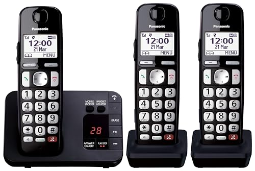 Panasonic KX-TGE823EB Digital Cordless Phone About 40 minutes Answering Machine with Nuisance Call Block and Dedicated Key, Amplified Sound Triple Black
