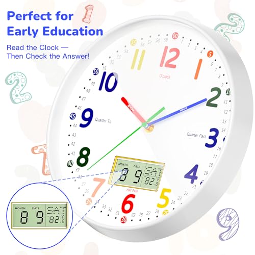 12" Silent Teaching Wall Clock with LCD Date Weekday Temperature Display – Tempered Glass, Non-Ticking Battery Operated Learning Clock for Kids Room, Classroom, Home Decor - Image 2