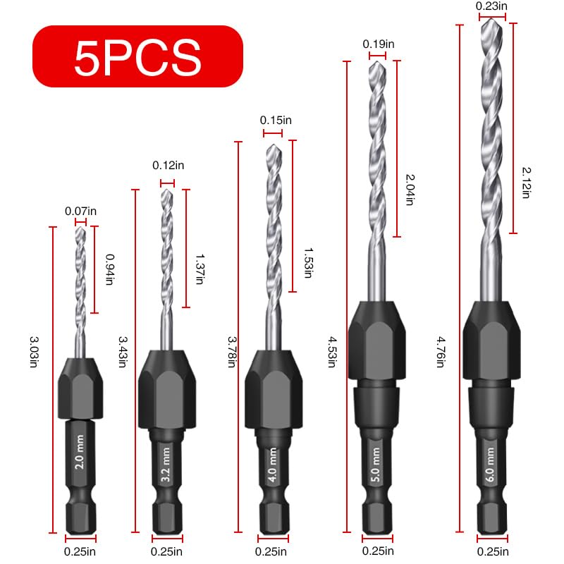 5 pcs-Countersink Drill Bit Set, Tapered Drill Bits, Countersink Drill Bit Set, 1/4" Hex Shank Quick Change for Woodworking, Pilot Screw Hole Set