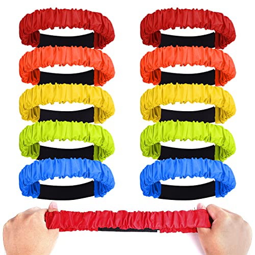 AIEX 10pcs 3 Legged Race Bands for Adults Kids, Colorful Legged Race Bands Elastic Tie Rope with Magic Adhesives for Relay Race Game, Field Day, Backyard, Team Games (5 Colors)