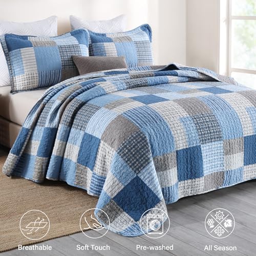 Image of Finlonte Quilt King Size - 100% Cotton King Size Comforter Set Blue Navy Grey Plaid Farmhouse Quilt Bedding Set, Reversible Lightweight Soft Bedspread, Quilted Coverlet All-Season, 3-Piece