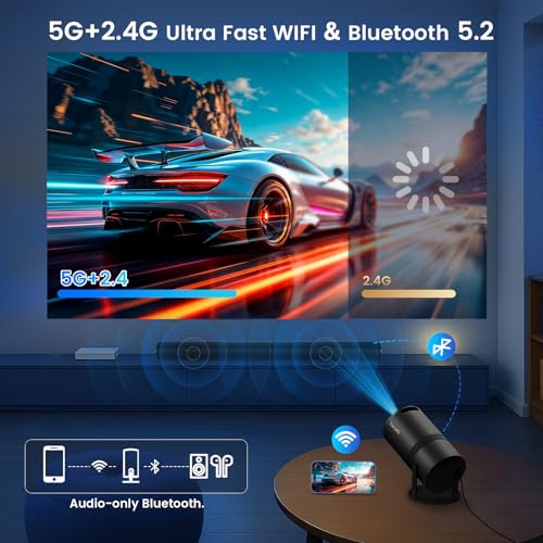 Image of Mini Pico Projector with WiFi & Padding, Movie Projector 1080P HD Support Motion Keystone Correction, 180 Rotatable, Compatible with Sticks, HDMI, USB, Smart Handphones, Laptop (Black)