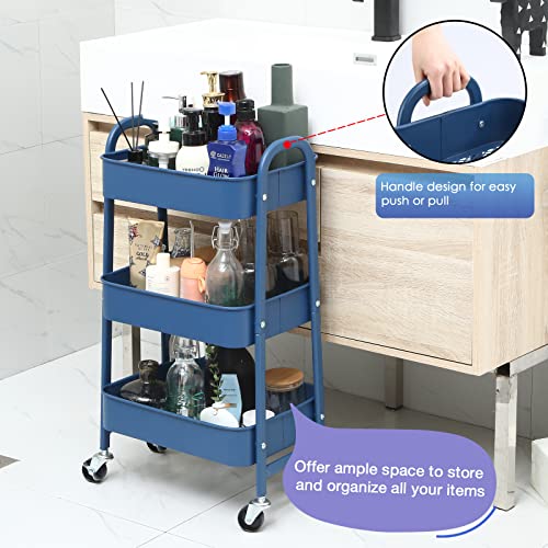 ISUDJUNT Metal Storage Trolley - 3-Tier Rolling Cart with Lockable Wheels - Multi-Purpose Cart with Handle - Mobile Shelving Organizer for Bathroom, Office, Kitchen, Bedroom, Garage Navy Blue - Image 5