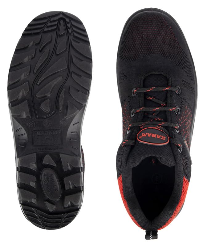 KARAM ISI Marked Flyknit Safety Shoe Excellent Grip, Comfort and Slip Resistance | Safety Shoes with Fibre Toe | Red & Black | FS215FN(FWSAMN)