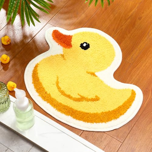 Duraaamo Cute Duck Bath Mat Ducky Bathroom Rugs Non Slip Washable Floor Rugs Soft Tufted Yellow Plush Doormat for Bathroom Bedroom Room Indoor Gift 25 x 22