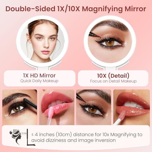 FZIFZI Espejo Maquillaje con Luz, 1X/10X de Doble Cara Espejo Tocador con Luz, Espejo Maquilhagem con 3 Modos de Iluminación, Espelho Luces Maquillaje con Aumento,USB,Sobremesa,Portátil para Viajes - imagen 2